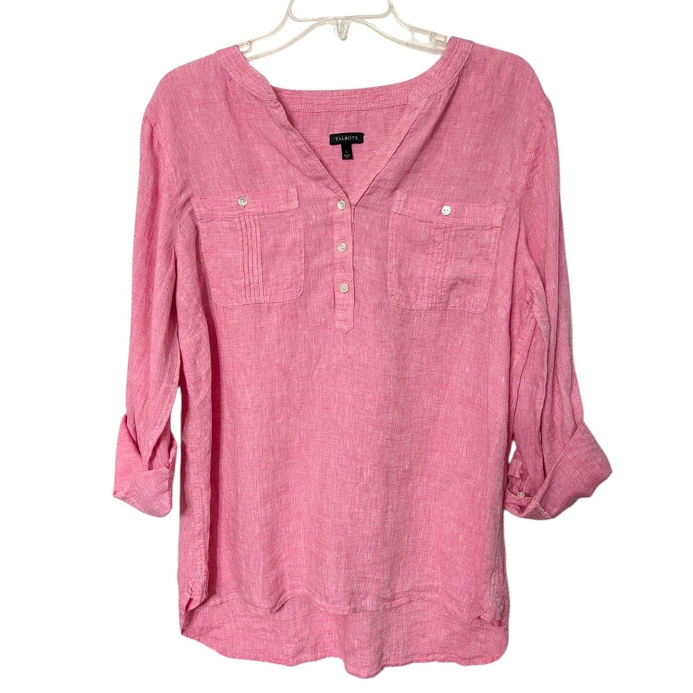 Talbots Womens Pink 100% Linen Roll Tab Sleeve Popover Tunic Top Size L
